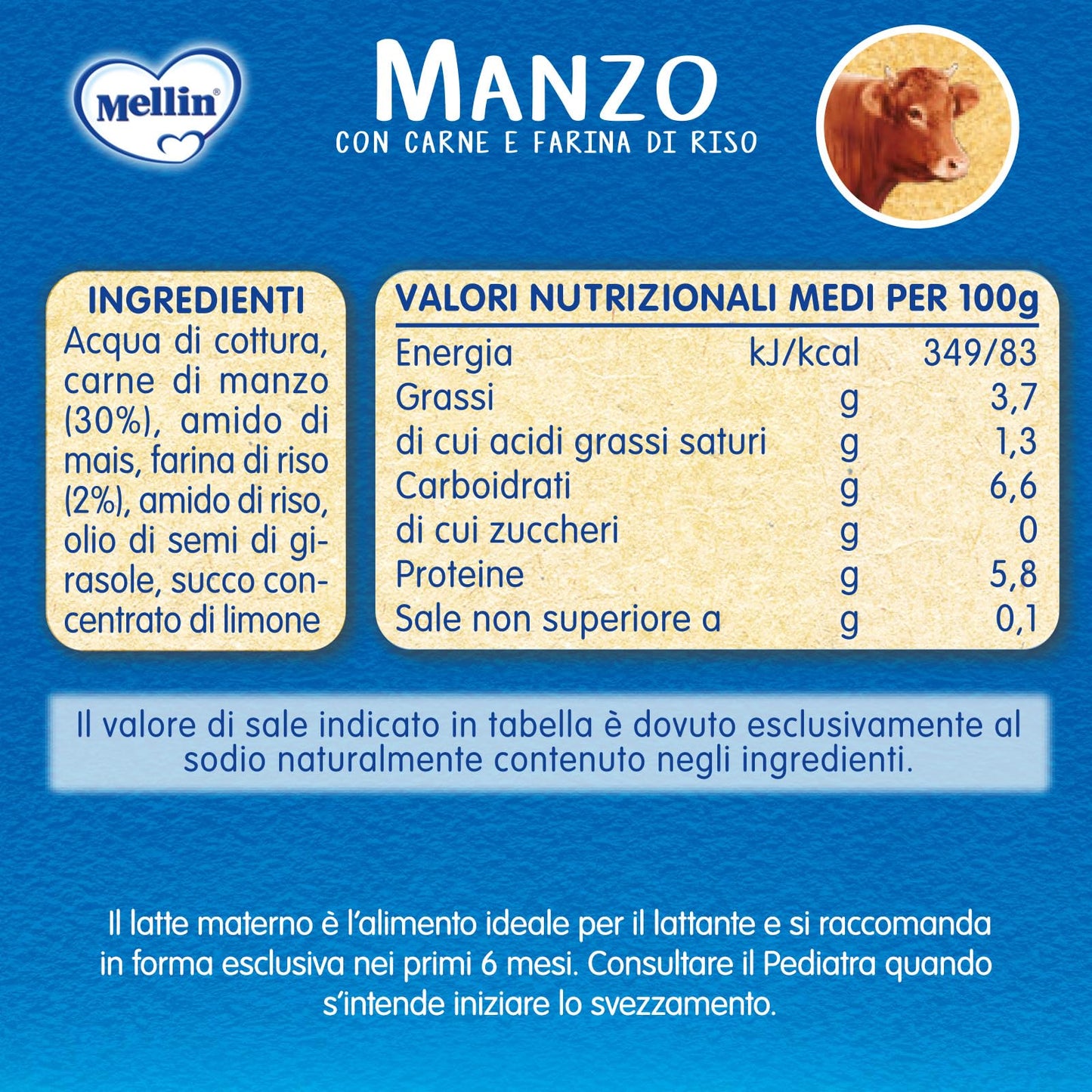 Mellin Omogeneizzato Naturale, Mix Gusti Carne, 24 Vasetti Da 80 Gr