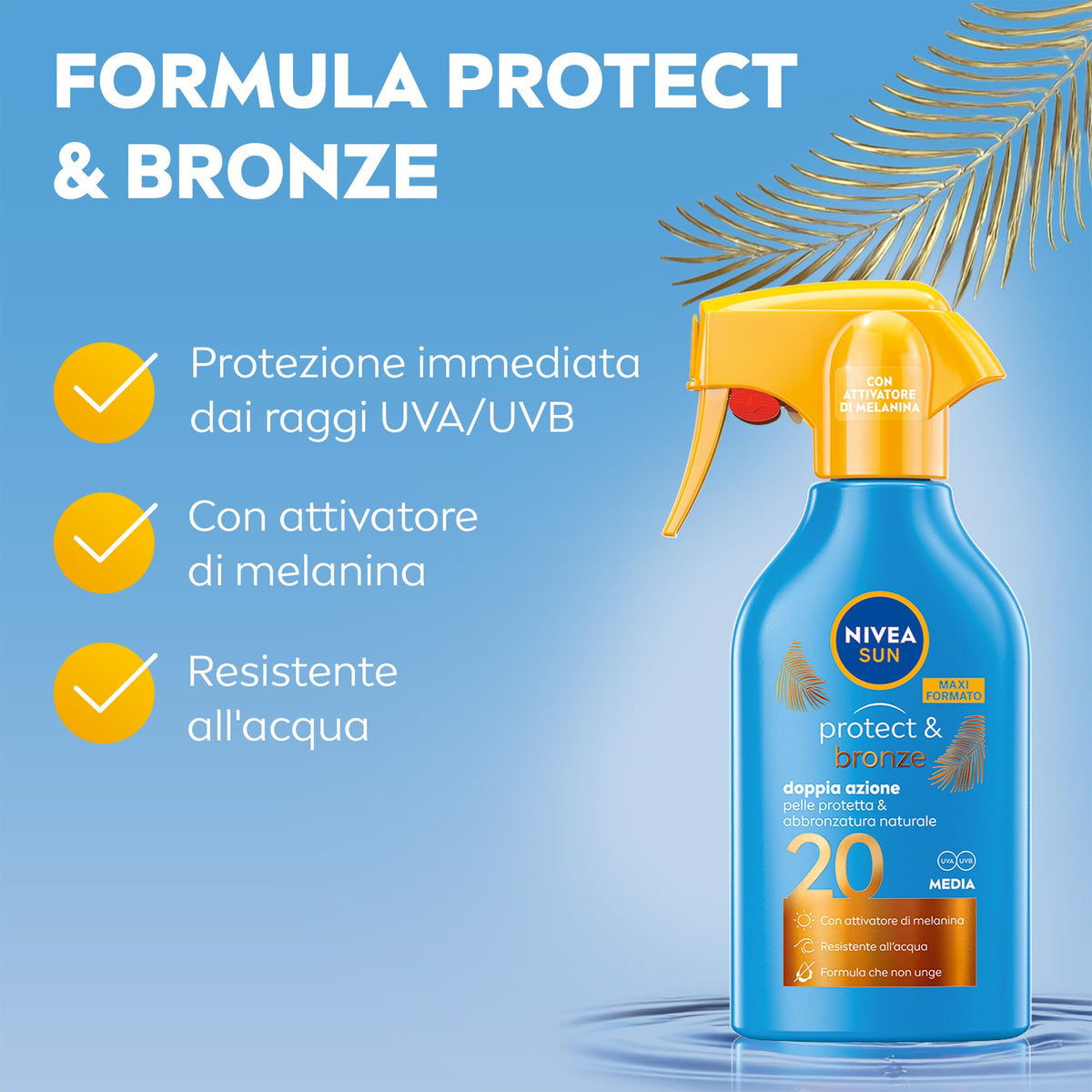 NIVEA SUN Maxi Crema Solare Spray Protect & Bronze FP 20 270 ml, Crema Solare 20 per Un'abbronzatura Dorata, Intensa e Uniforme, Protezione Solare 20 in Pratico flacone in spray