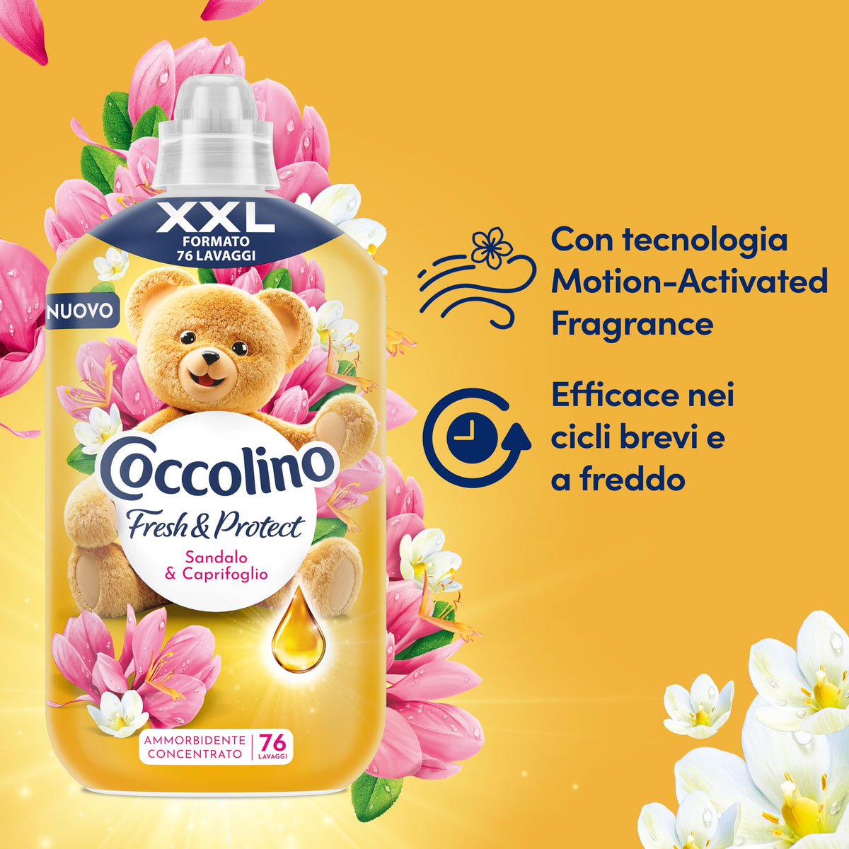 Coccolino Ammorbidente Concentrato Sandalo e Caprifoglio, Ammorbidente Lavatrice Intense Care con Tecnologia Pro-Fibre, Formato XXL Fino a 76 Lavaggi, 1750 ml