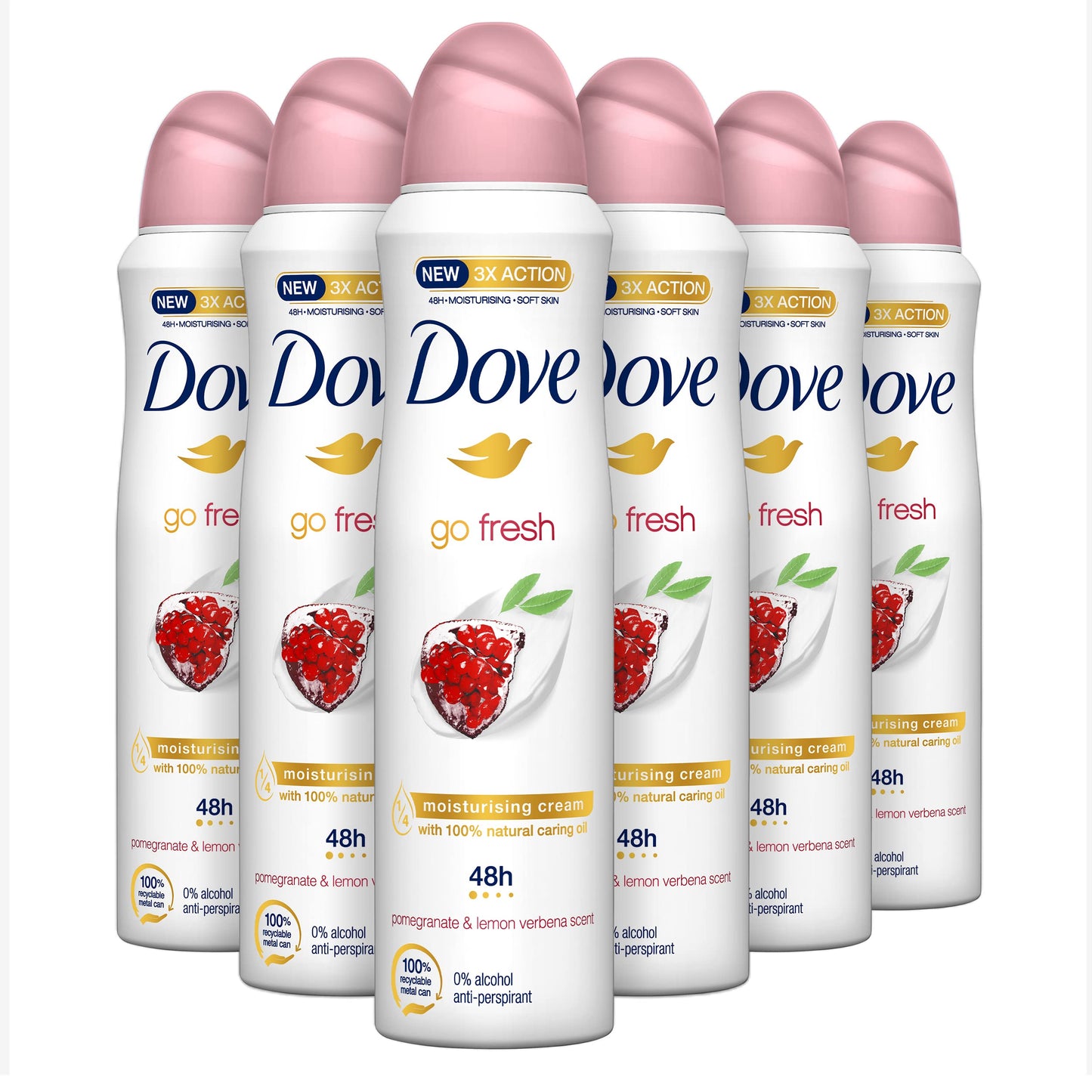 Dove, Go Fresh Deodorante Spray Melograno, con 1/4 Crema Idratante, Antitraspirante, Senza Alcool, Pelle Asciutta Fino a 48 Ore, Profumazione al Melograno, Deodorante Uomo e Donna, 6 Pezzi da 150 ml