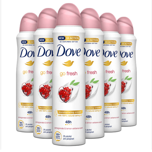Dove, Go Fresh Deodorante Spray Melograno, con 1/4 Crema Idratante, Antitraspirante, Senza Alcool, Pelle Asciutta Fino a 48 Ore, Profumazione al Melograno, Deodorante Uomo e Donna, 6 Pezzi da 150 ml