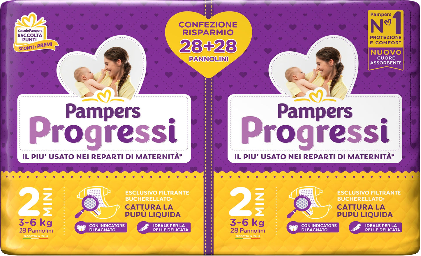 Pampers Progressi Mini, Pacco Doppio, Taglia 2 (3-6 kg), 56 Pannolini