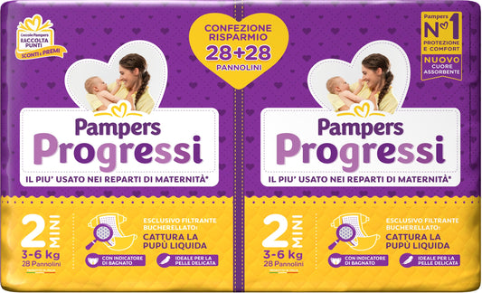 Pampers Progressi Mini, Pacco Doppio, Taglia 2 (3-6 kg), 56 Pannolini