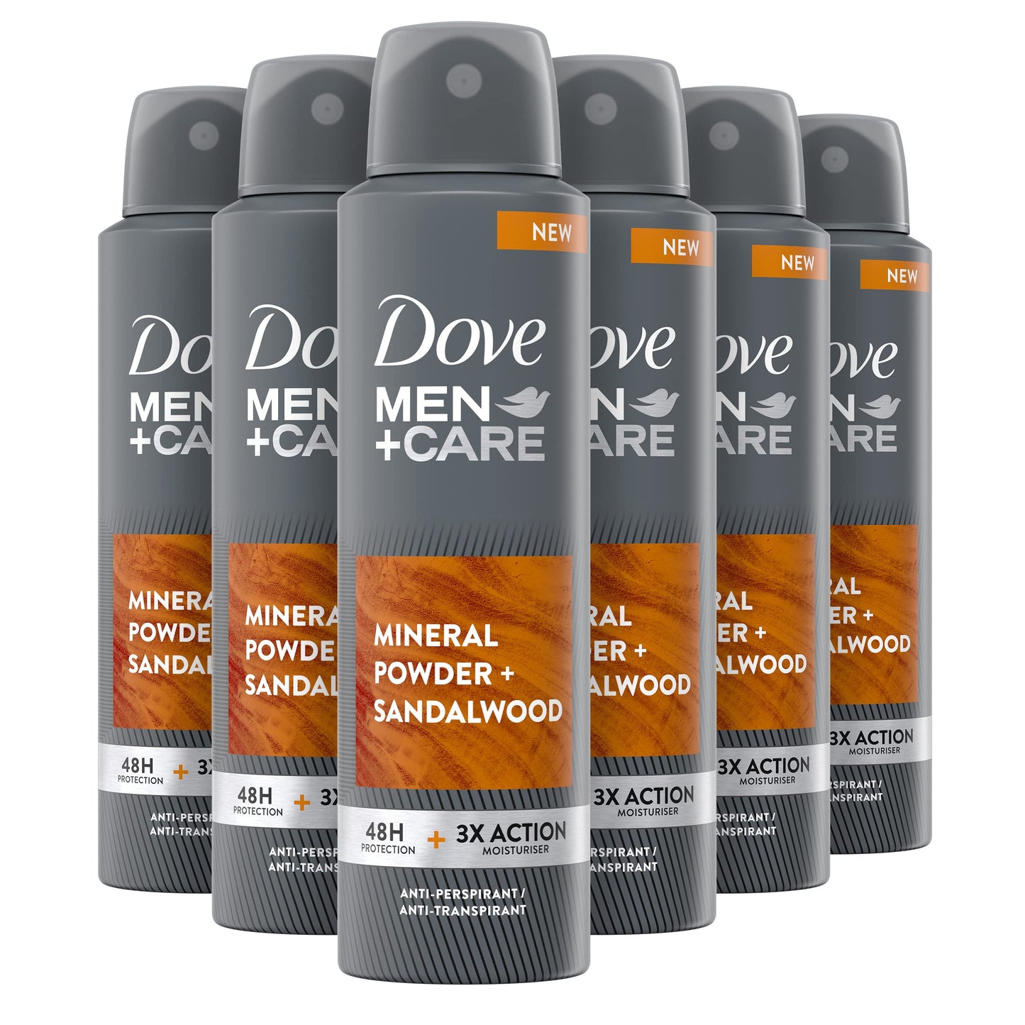 Dove Men+Care Deodorante Spray Talc Mineral & Sandalwood, con 1/4 di Crema Idratante, Deodorante Uomo Antitraspirante Senza Alcol, Fino a 48 Ore di Protezione, 6 pezzi da 150 ml