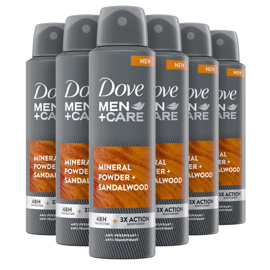 Dove Men+Care Deodorante Spray Talc Mineral & Sandalwood, con 1/4 di Crema Idratante, Deodorante Uomo Antitraspirante Senza Alcol, Fino a 48 Ore di Protezione, 6 pezzi da 150 ml