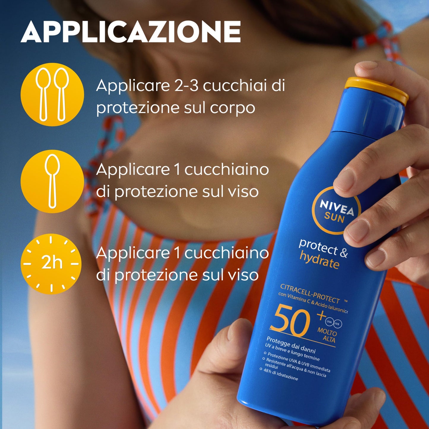 NIVEA SUN Protect & Hydrate SPF 50+ 200 ml, Crema solare 50+ idratante 48h ad assorbimento rapido, Protezione solare 50+ resistente all'acqua arricchita con Vitamina C e Acido Ialuronico