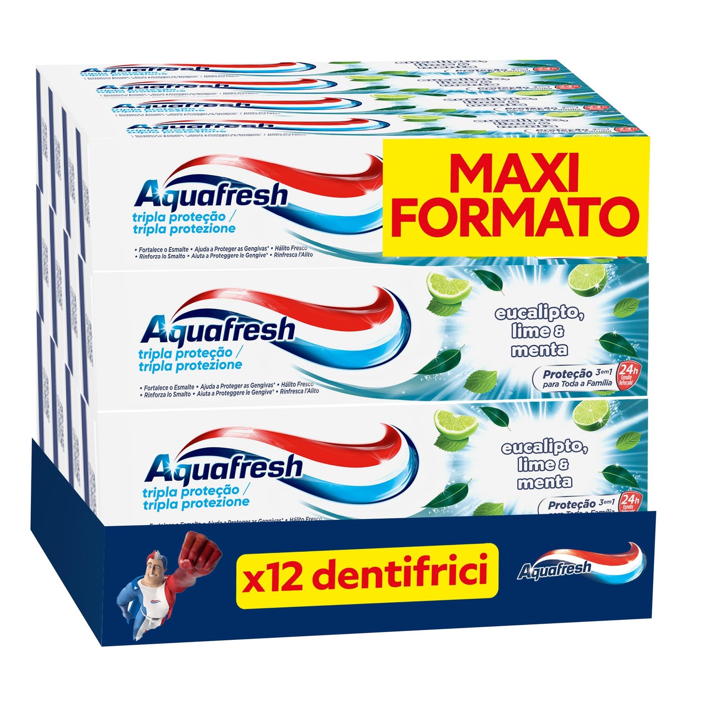 Aquafresh Dentifricio Tripla Protezione per tutta la Famiglia, Gengive Sane, Smalto Forte, Alito Fresco, Gusto Eucalipto Lime e Menta, Pacco da 12 x 75ml