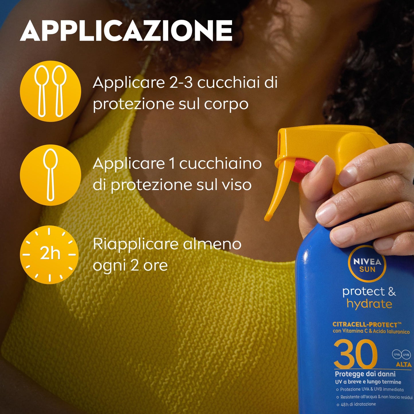 NIVEA SUN Protect & Hydrate Maxi Spray Solare SPF 30 270 ml, Crema solare 30 spray idratante 48h ad assorbimento rapido, Protezione solare 30 resistente all'acqua con Vitamina C e Acido Ialuronico