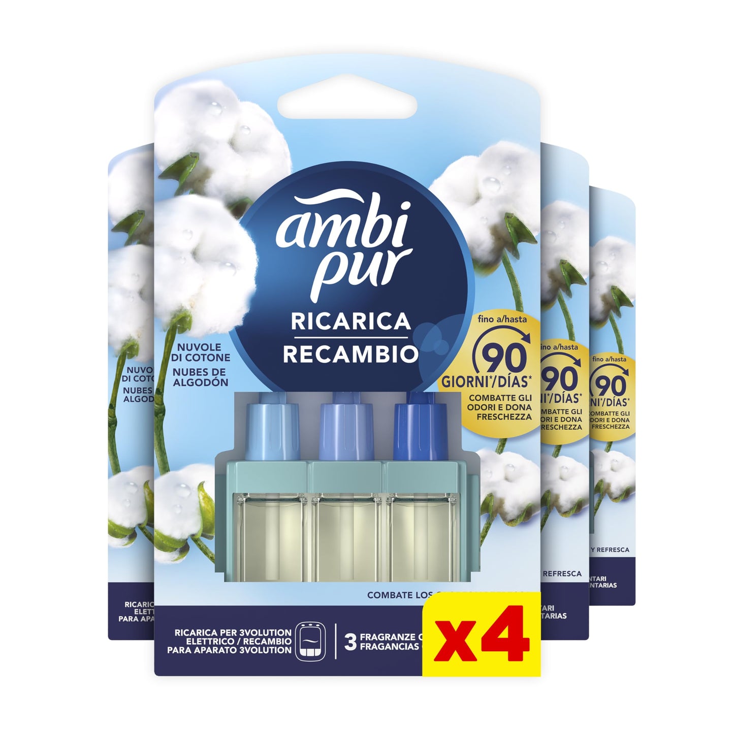 Ambi Pur 3Volution Profumatore per Ambienti, 4 Ricariche per Diffurore Elettrico, Fragranza Nuvole Cotone, tecnologia Elimina Odori, Fino a 90 Giorni di Profumo per Ricarica