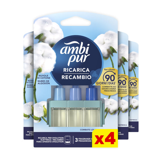 Ambi Pur 3Volution Profumatore per Ambienti, 4 Ricariche per Diffurore Elettrico, Fragranza Nuvole Cotone, tecnologia Elimina Odori, Fino a 90 Giorni di Profumo per Ricarica