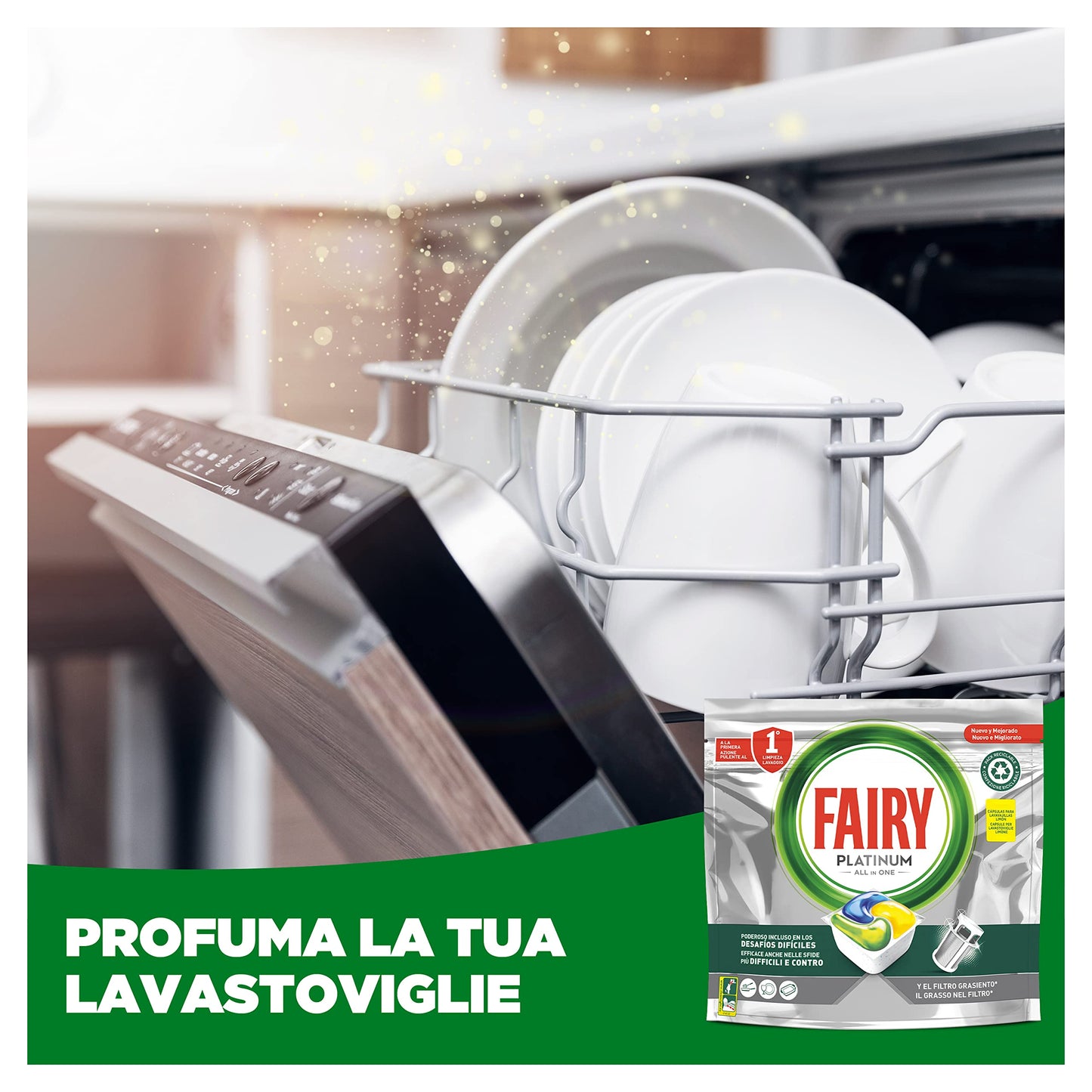 Fairy Platinum Detersivo Pastiglie Lavastoviglie, Brillantante, 100 Capsule Lavastoviglie, Limone, Con Sistema Di Prelavaggio Integrato, Efficace Nelle Sfide Difficili Contro Lo Sporco