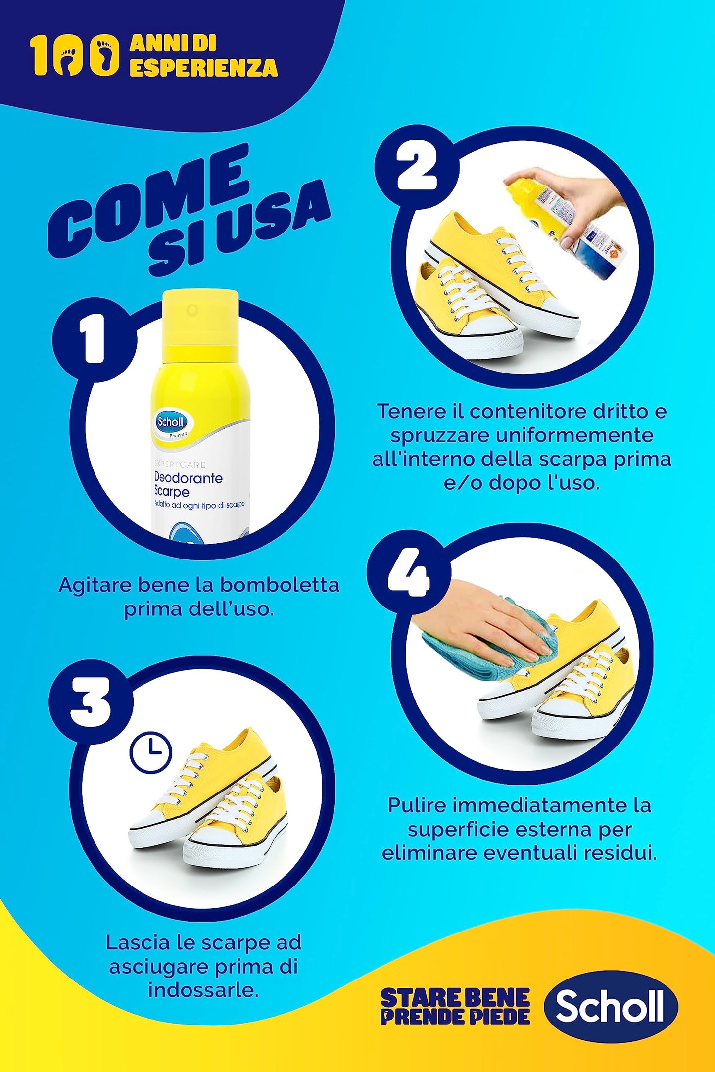 Scholl ExpertCare, Deodorante Spray per Scarpe con Tecnologia Attiva sul Controllo degli Odori, Elimina e Protegge dai Cattivi Odori per 48h, Adatto ad Ogni Tipo di Scarpa, Flacone Spray da 150 ml