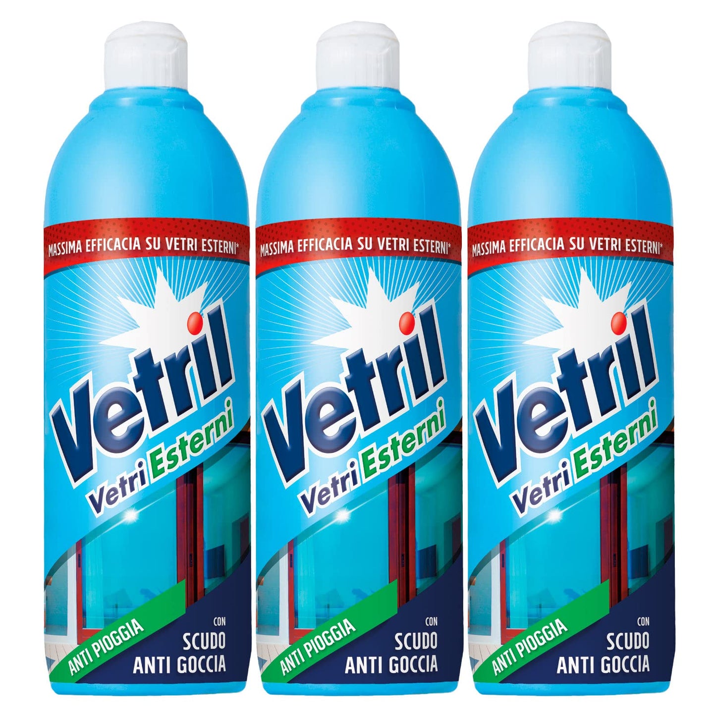 Vetril - Vetri Esterni, Detergente Anti Pioggia, Scudo Anti Goccia, Brillantezza Senza Aloni, 650 ml x 3 Pezzi