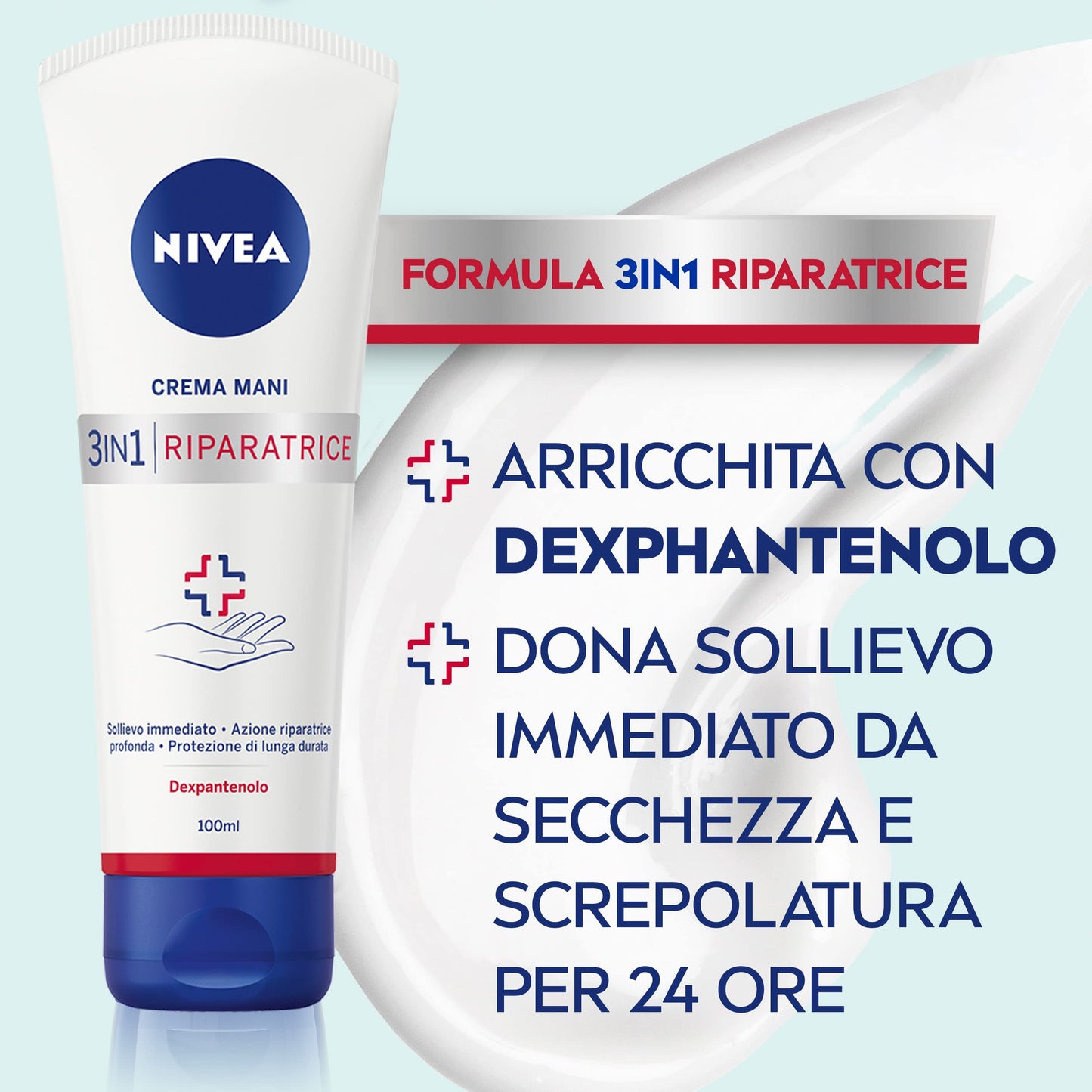 NIVEA Crema Mani Riparatrice 3in1 da 100 ml, Crema mani secche, arrossate e screpolate con Dexpanthenolo, Formula riparatrice e nutriente