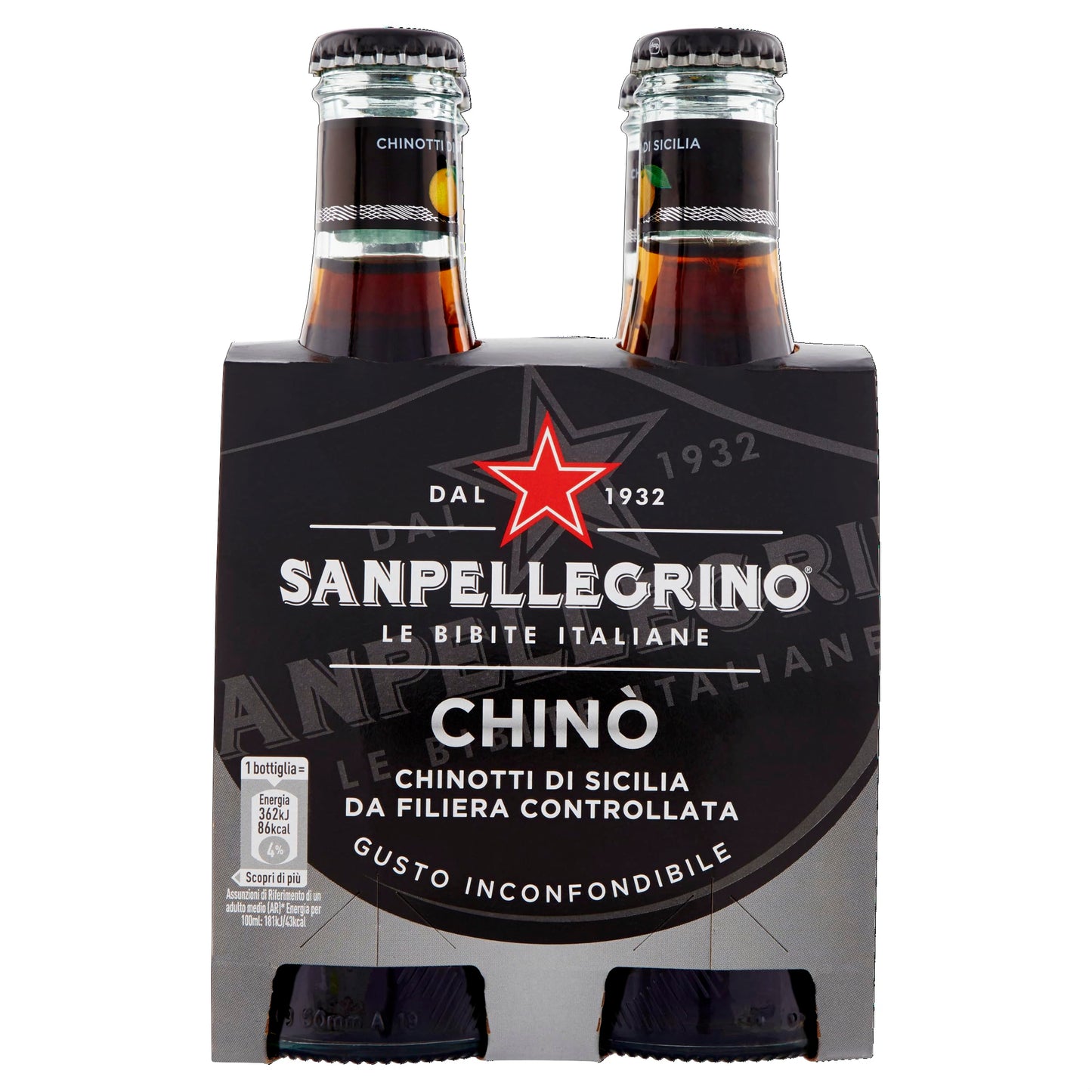 BIBITE SANPELLEGRINO, Chinò, Bevanda Gassata Analcolica, Gusto Chinotto - 24 bottiglie in vetro da 200ml