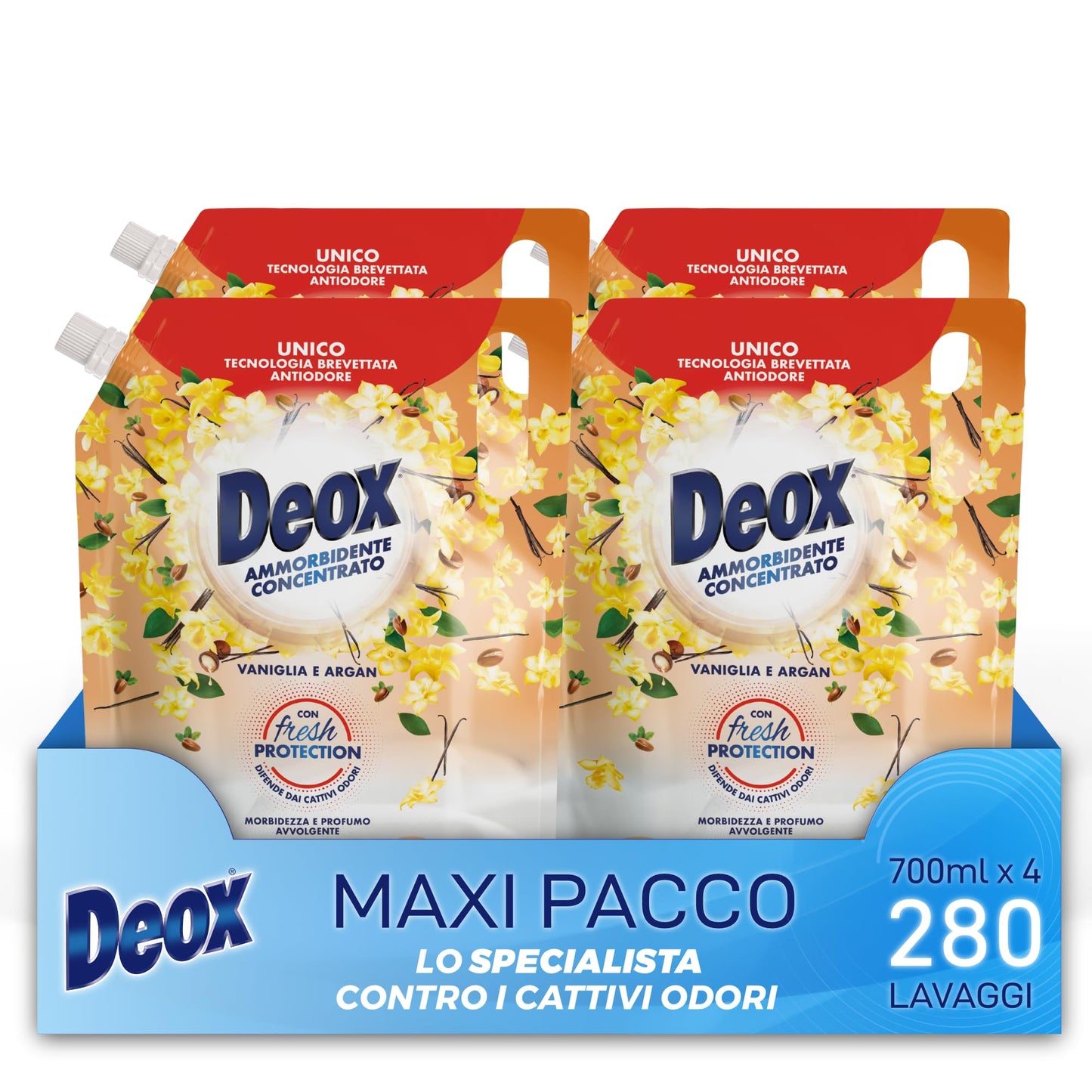 Deox Ammorbidente Concentrato, 280 Lavaggi, Vaniglia e Argan, Ecoformato, 4 x 1400 ml