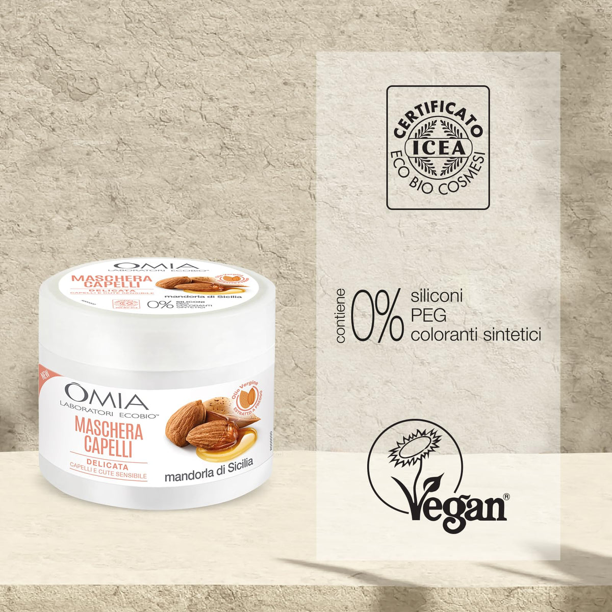 Omia, Maschera Capelli Eco Bio con Mandorla di Sicilia per Capelli e Cute Sensibile, Formula Delicata, Maschera per Lavaggi Frequenti, Senza Siliconi e SLES, Flacone da 250 ml