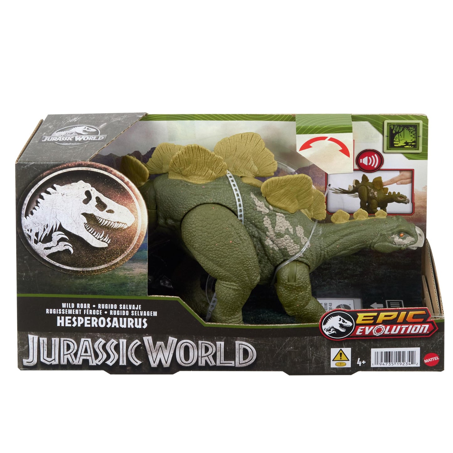 Mattel Jurassic World - Hesperosauro Ruggito Selvaggio, dinosauro snodato con azione d'attacco specifica e ruggito, gira la rotella e attiva il morso, giocattolo per bambini, 4+ anni, HTK69