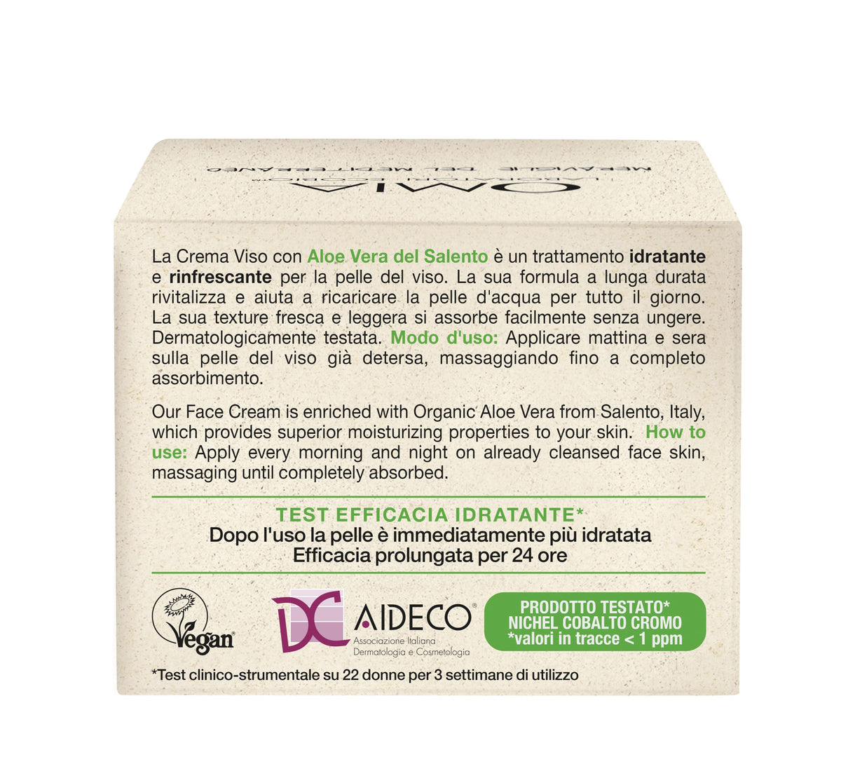 Omia, Crema Viso Idratante all'Aloe Vera del Salento, Idrata e Rinfresca la Pelle del Viso, Senza Siliconi e Coloranti, Adatta a Tutti i Tipi di Pelle, 50 ml