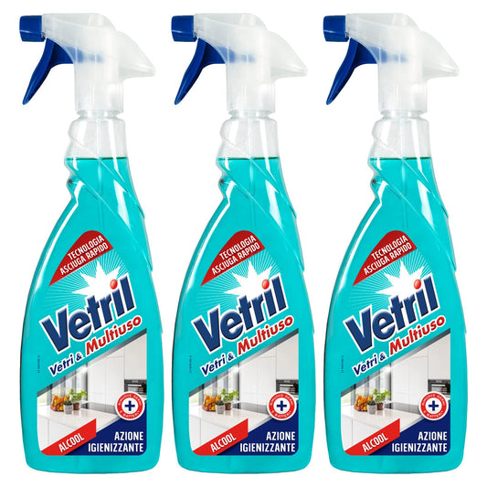 Vetril - Vetri e Multiuso, Igenizzante Spray Superfici con Alcool, Asciugatura rapida, Brillantezza Senza Aloni, 650 ml x 3 Pezzi
