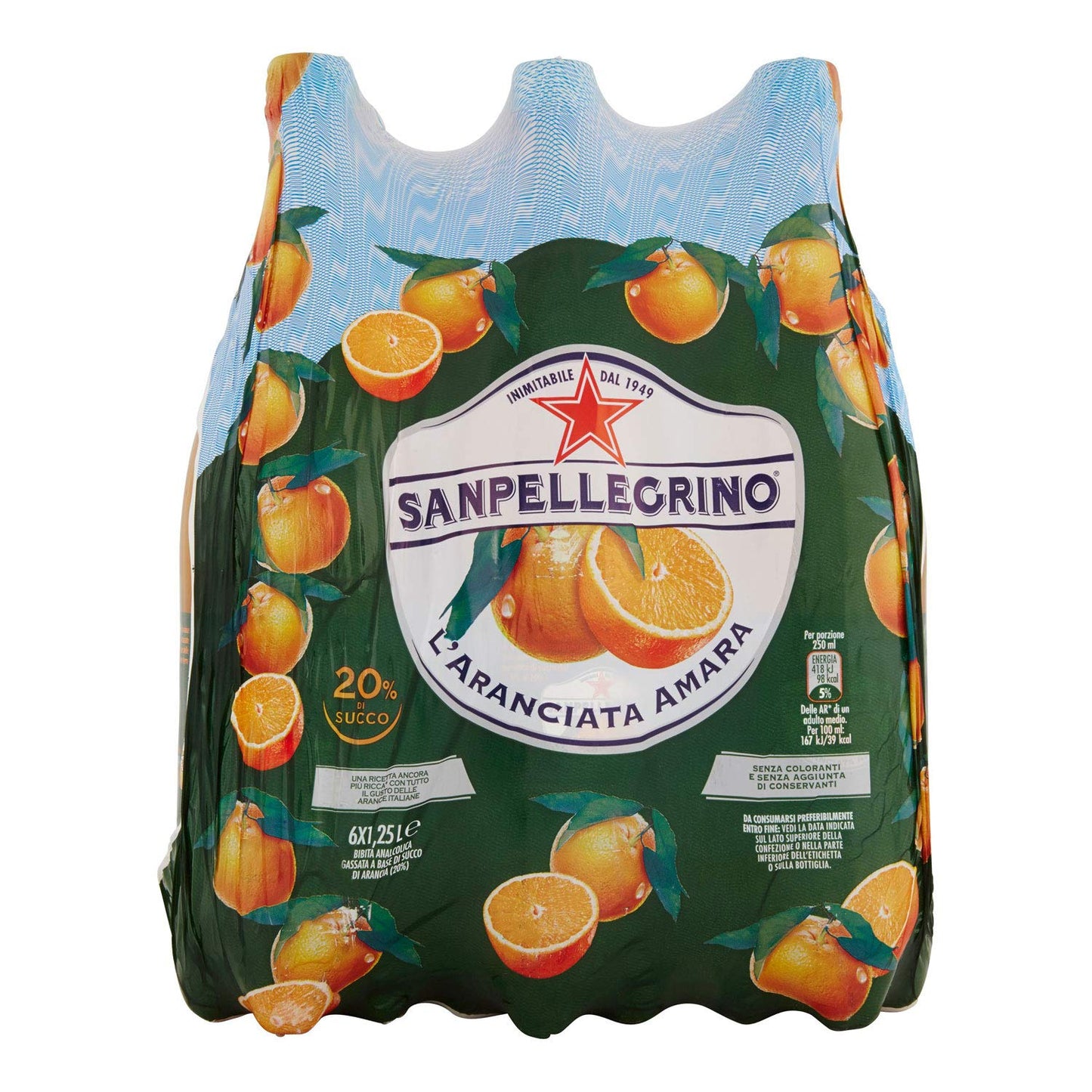 Sanpellegrino Bibite Gassate, Aranciata Amara Bottiglia Grande da 1,25 lt, Confezione di 6 Bottiglie