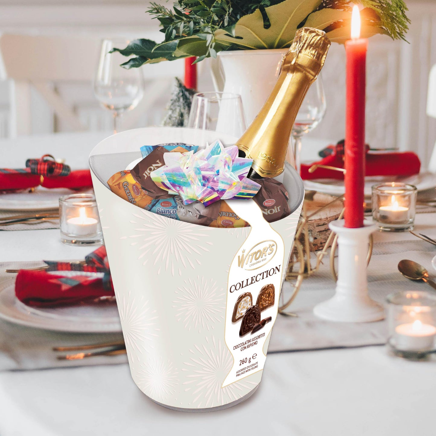 WITOR'S - Collection Cesto Regalo con Spumante - Cioccolatini al Latte e Fondente Ripieni con Creme - Praline di Cioccolato Fondente e al Latte Finissimo con Spumante Morando da 750 ml - 260 gr