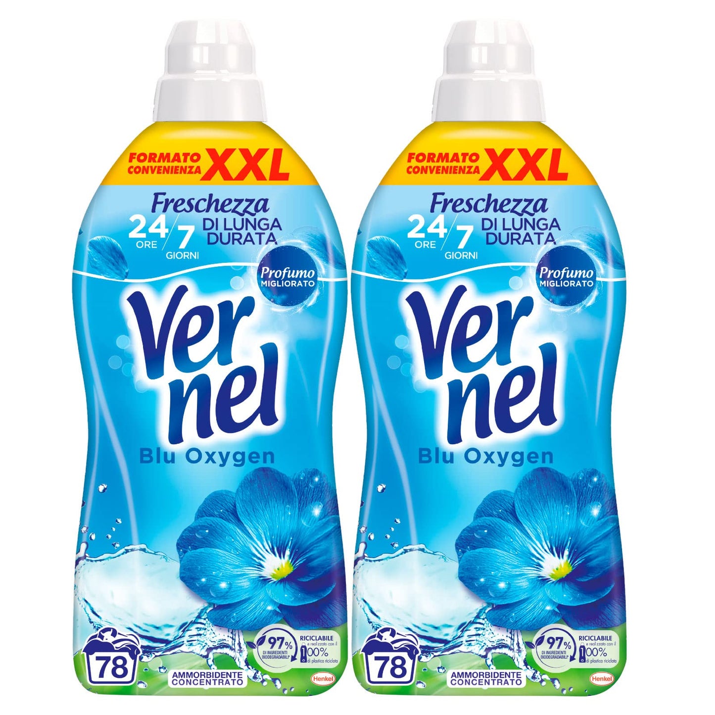 Vernel Blu Oxygen Ammorbidente Liquido Concentrato Formato Convenienza XXL con Incredibile Sensazione di Freschezza ber un Bucato Morbido e Profumato - 2 Flaconi da 1,95 Litri
