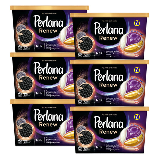 6x Perlana Renew Neri All in 1 Caps Detersivo in Capsule per Lavatrice per Capi Scuri - 6 Confezioni da 18 Capsule