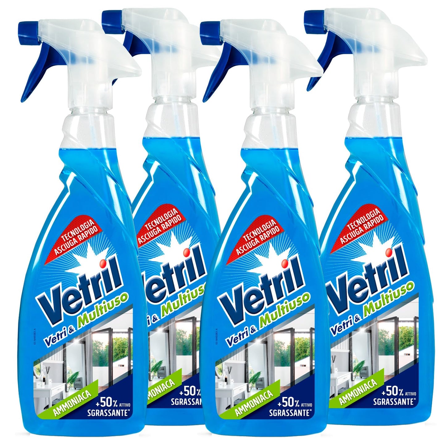 Vetril - Vetri e Multiuso Detergente Spray Superfici con Ammoniaca, Azione Sgrassante e Brillantezza Senza Aloni, 650ml x 4 Pezzi