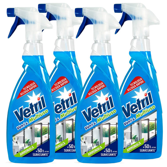 Vetril - Vetri e Multiuso Detergente Spray Superfici con Ammoniaca, Azione Sgrassante e Brillantezza Senza Aloni, 650ml x 4 Pezzi
