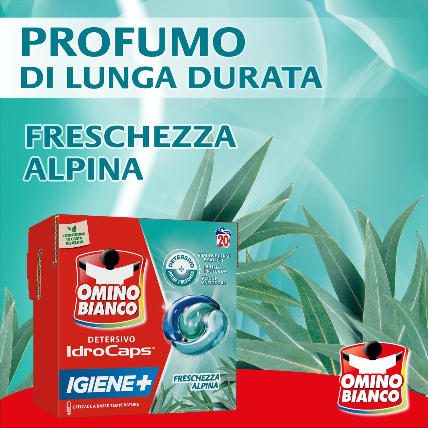 Omino Bianco Idrocaps - Detersivo Lavatrice in Capsule Igiene, 20 Lavaggi, Efficace a Basse Temperature, Profumo Freschezza Alpina, 20 Caps