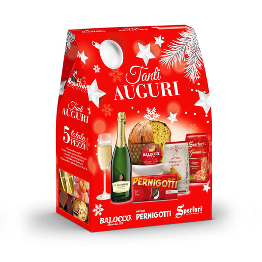 Cesto Natalizio Regalidea “Tanti Auguri” con Specialità Gastronomiche tipiche di alta qualità - Confezione Regalo di Natale Gourmet da 5 Pezzi