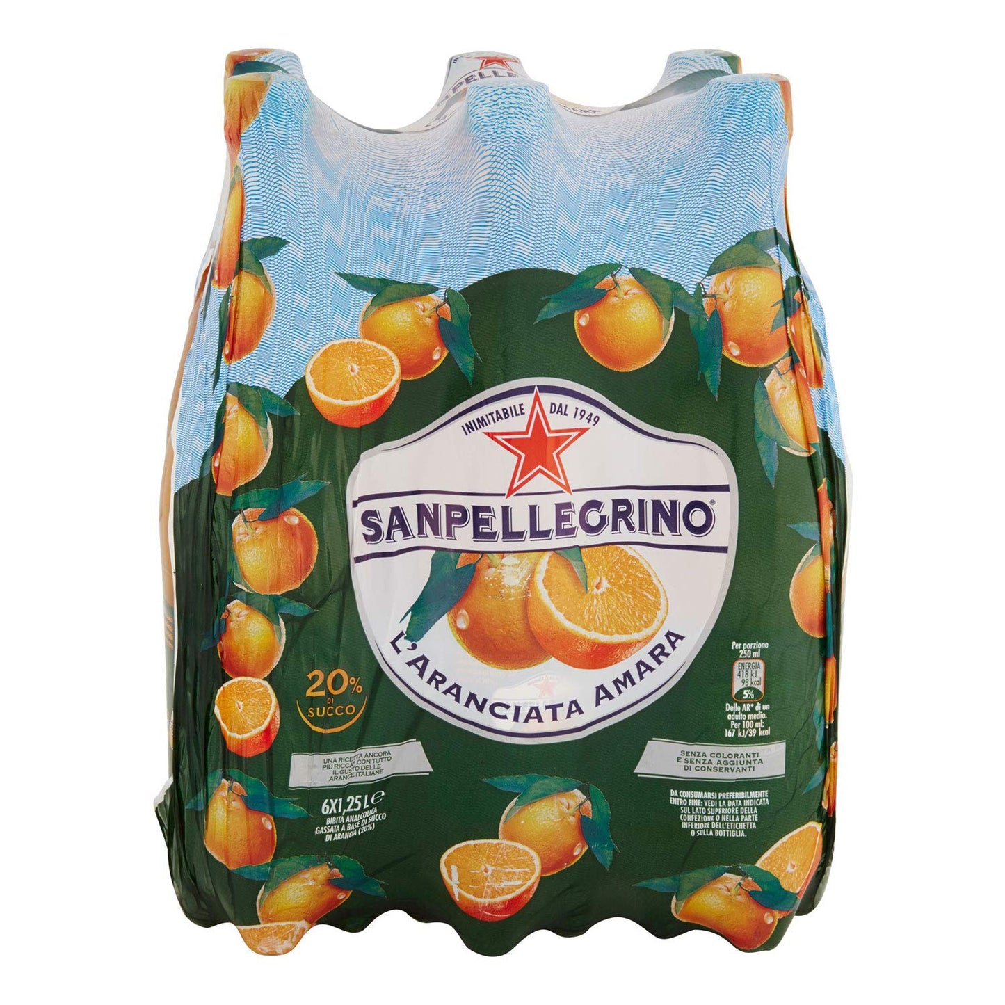 Sanpellegrino Bibite Gassate, Aranciata Amara Bottiglia Grande da 1,25 lt, Confezione di 6 Bottiglie