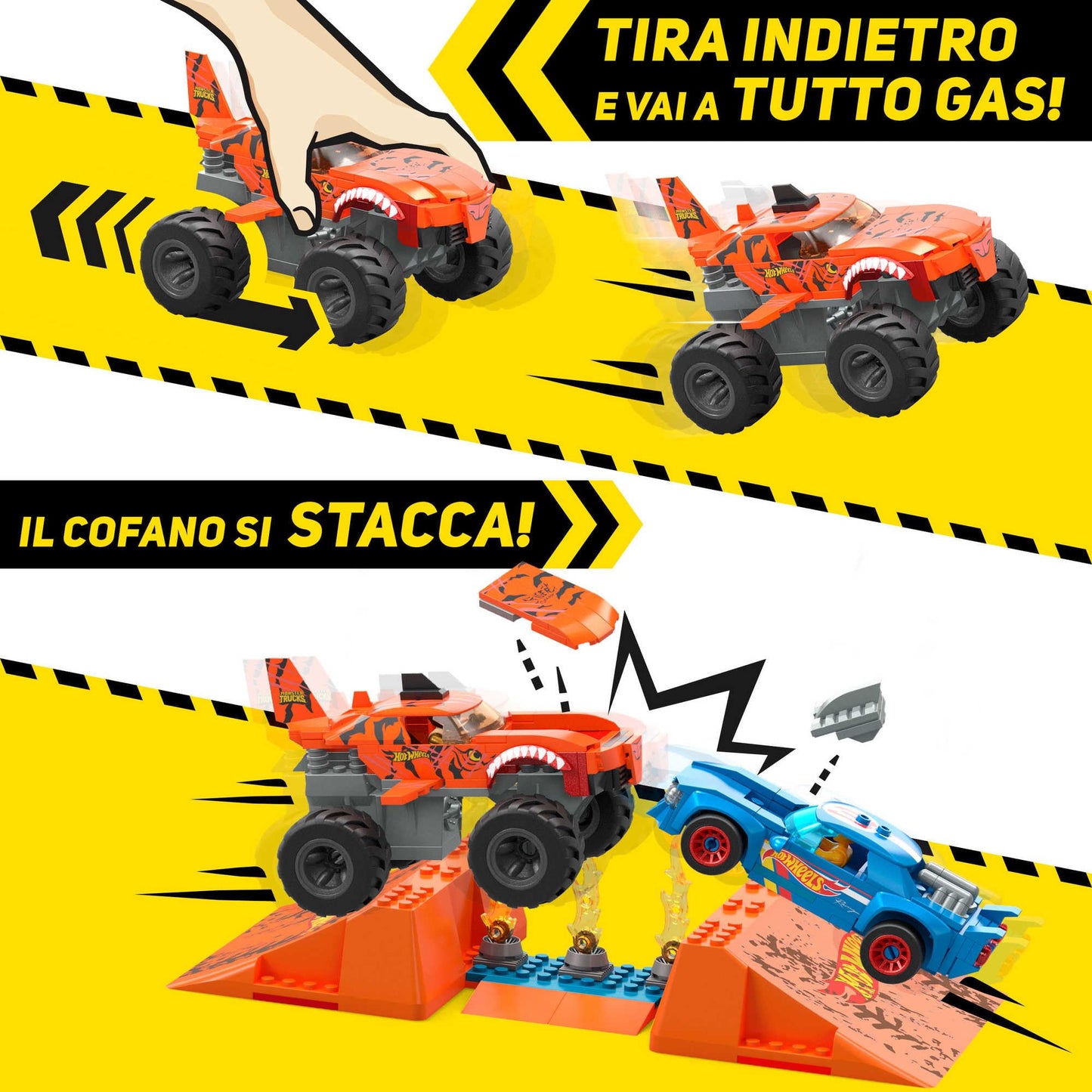 MEGA Hot Wheels - Tiger Shark Super Scontri, set da costruire da 226 pezzi, con cofano che si stacca all'impatto e 1 personaggio pilota snodato incluso, giocattolo per bambini, 5+ anni, HKF88