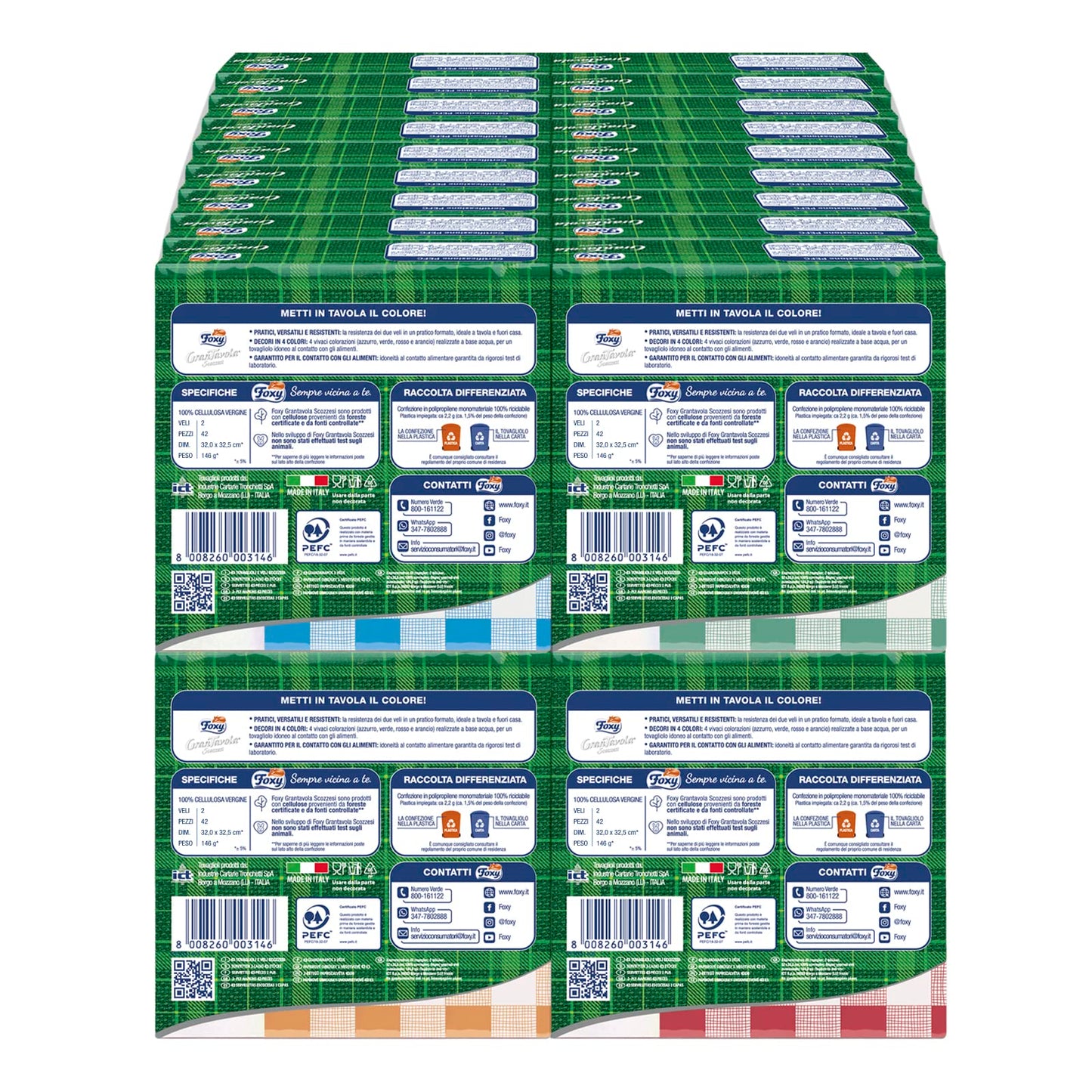 Foxy GranTavola Scozzesi | Tovaglioli Doppiovelo | 36 Confezioni Da 42 Pezzi 32x32,5cm | Decoro Scozzese 4 Colori | PEFC | 100% Energia Elettrica Rinnovabile | Confezione 100% Riciclabile