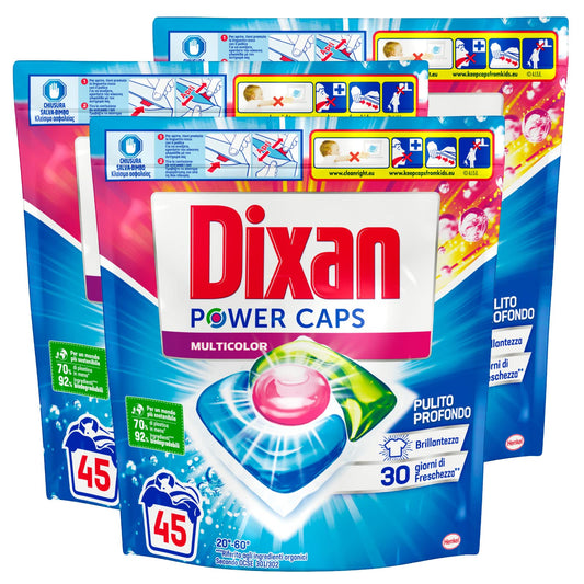 3x Dixan Power Caps Multicolor Detersivo in Capsule Pre-dosato per Lavatrice Pulito Profondo - 3 Confezioni da 45 Capsule, 2166.0 grams
