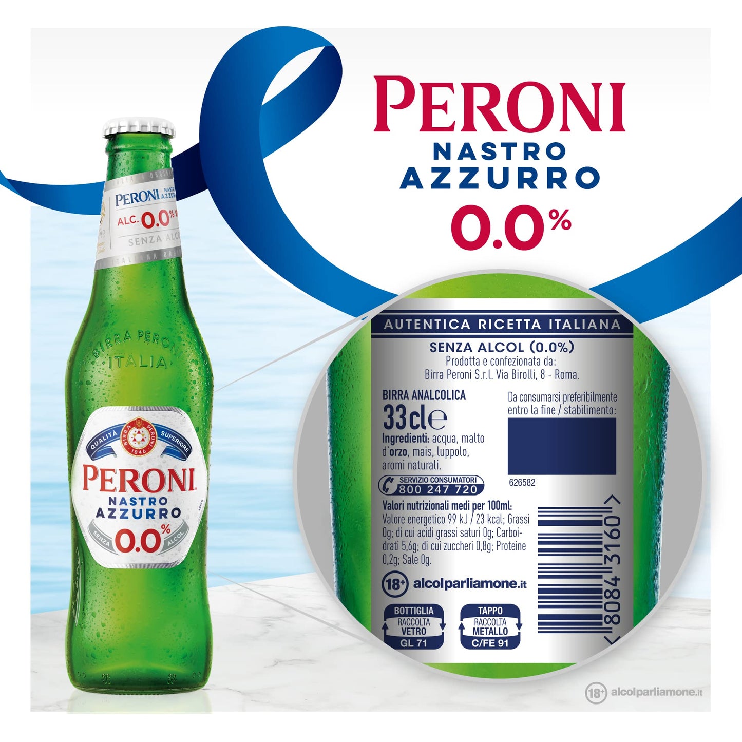 Peroni Nastro Azzurro 0.0 Birra Analcolica Premium Lager, Cassa Birra con 24 Birre in Bottiglia da 33 cl, 7.92 L, Gusto Secco e Rinfrescante, Zero Alcol