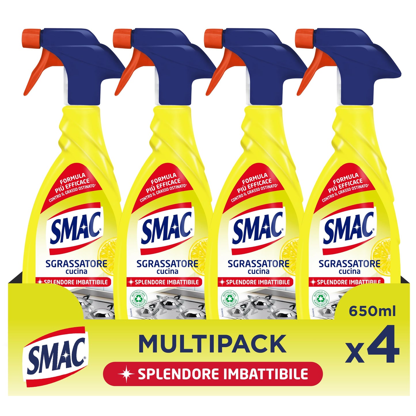 Smac - Sgrassatore Cucina al Limone, Detergente Spray Multisuperficie con Azione Sgrassante, Splendore Imbattibile, 650 ml x 4 Pezzi
