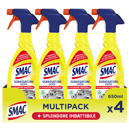 Smac - Sgrassatore Cucina al Limone, Detergente Spray Multisuperficie con Azione Sgrassante, Splendore Imbattibile, 650 ml x 4 Pezzi