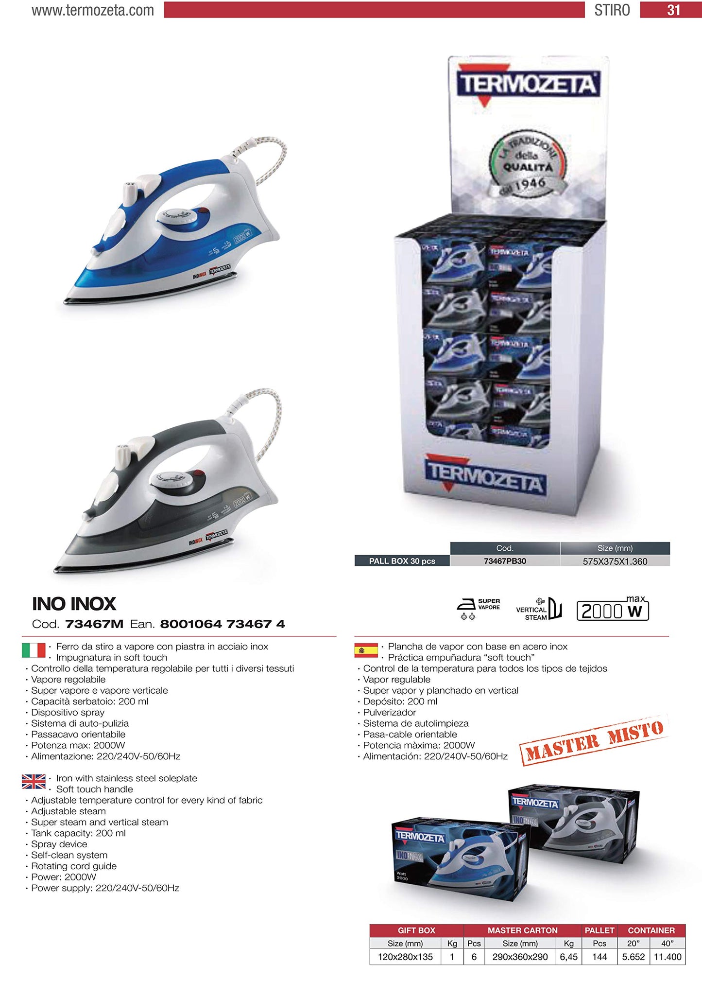 Termozeta 73467 INO Inox Mix Grigio, 2000 W, 0.2 Litri, Acciaio Inossidabile, Bianco/Blu