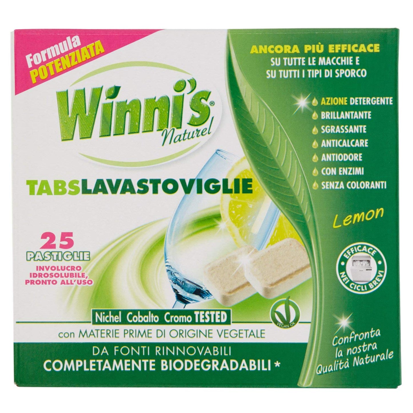 Winni's - Pastiglie per Lavastoviglie, 25 Tabs, Detersivo Multiazione Detergente, Sgrassante, Antiodore e Brillantante, Fragranza di Limone, con Materie Prime di Origine Vegetale