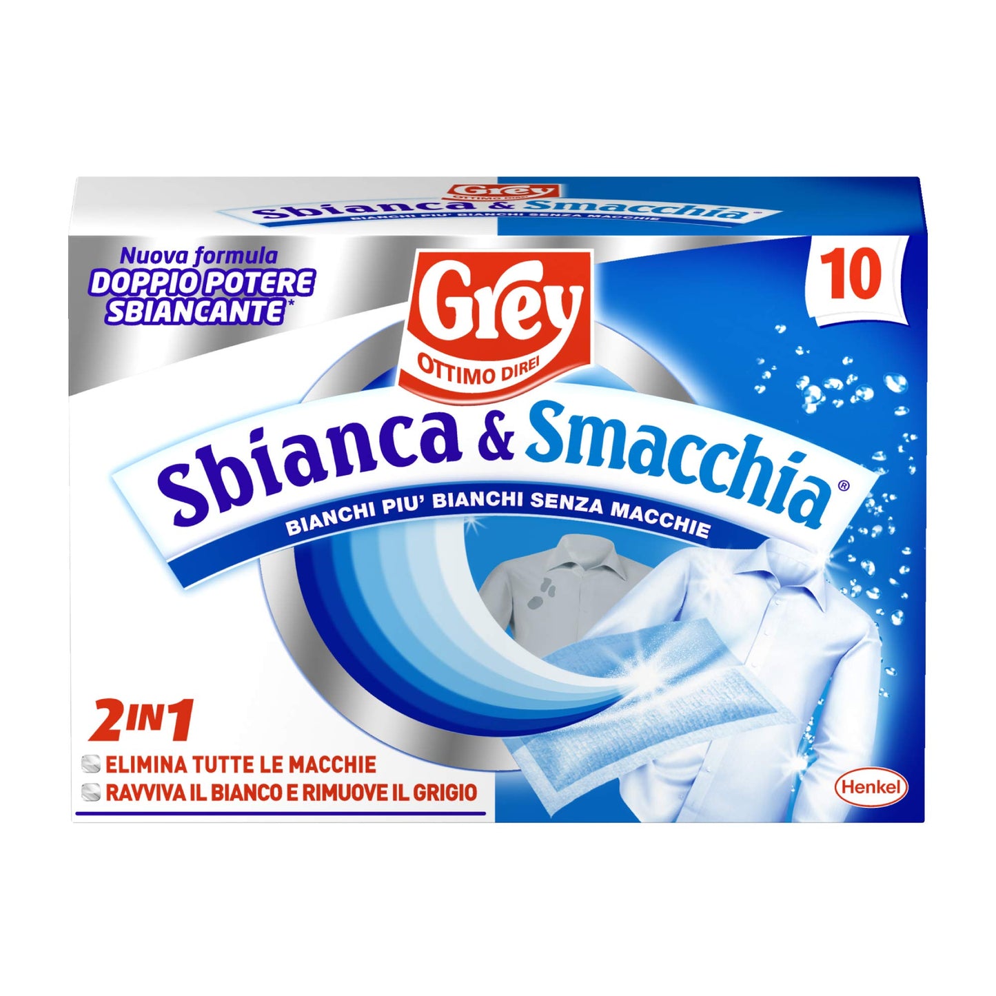 Grey Sbianca & Smacchia, Smacchiatore per Bucato 2 in 1, Elimina le Macchie e Fa Splendere il Bianco, Confezione da 10 Pezzi