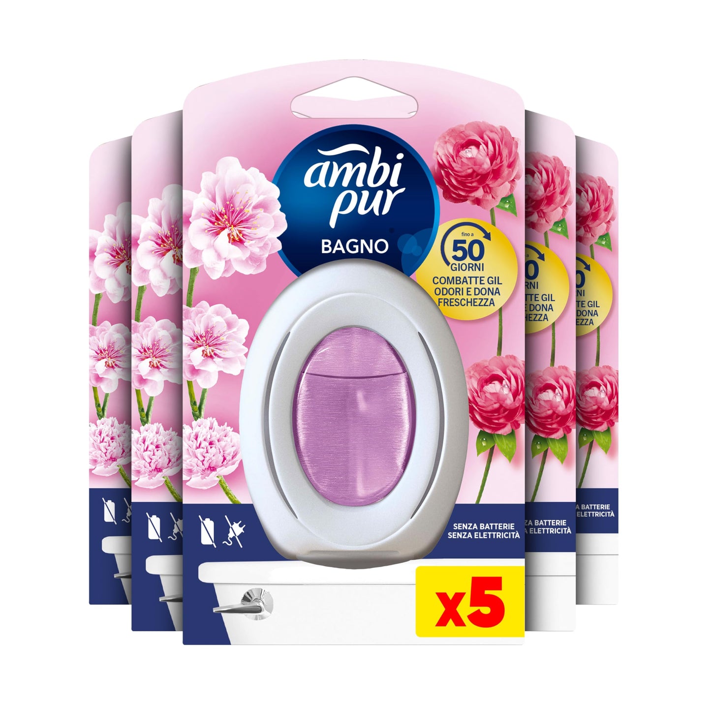 Ambi Pur Bagno Profumatore Per Ambienti, 5 Profumatori Bagno, Fragranza Fiori Eleganti, Diffusore Ambiente Con Tecnologia Elimina Odori, Durata Fino a 50 Giorni Per Profumatore