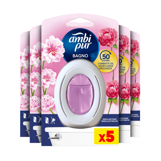Ambi Pur Bagno Profumatore Per Ambienti, 5 Profumatori Bagno, Fragranza Fiori Eleganti, Diffusore Ambiente Con Tecnologia Elimina Odori, Durata Fino a 50 Giorni Per Profumatore