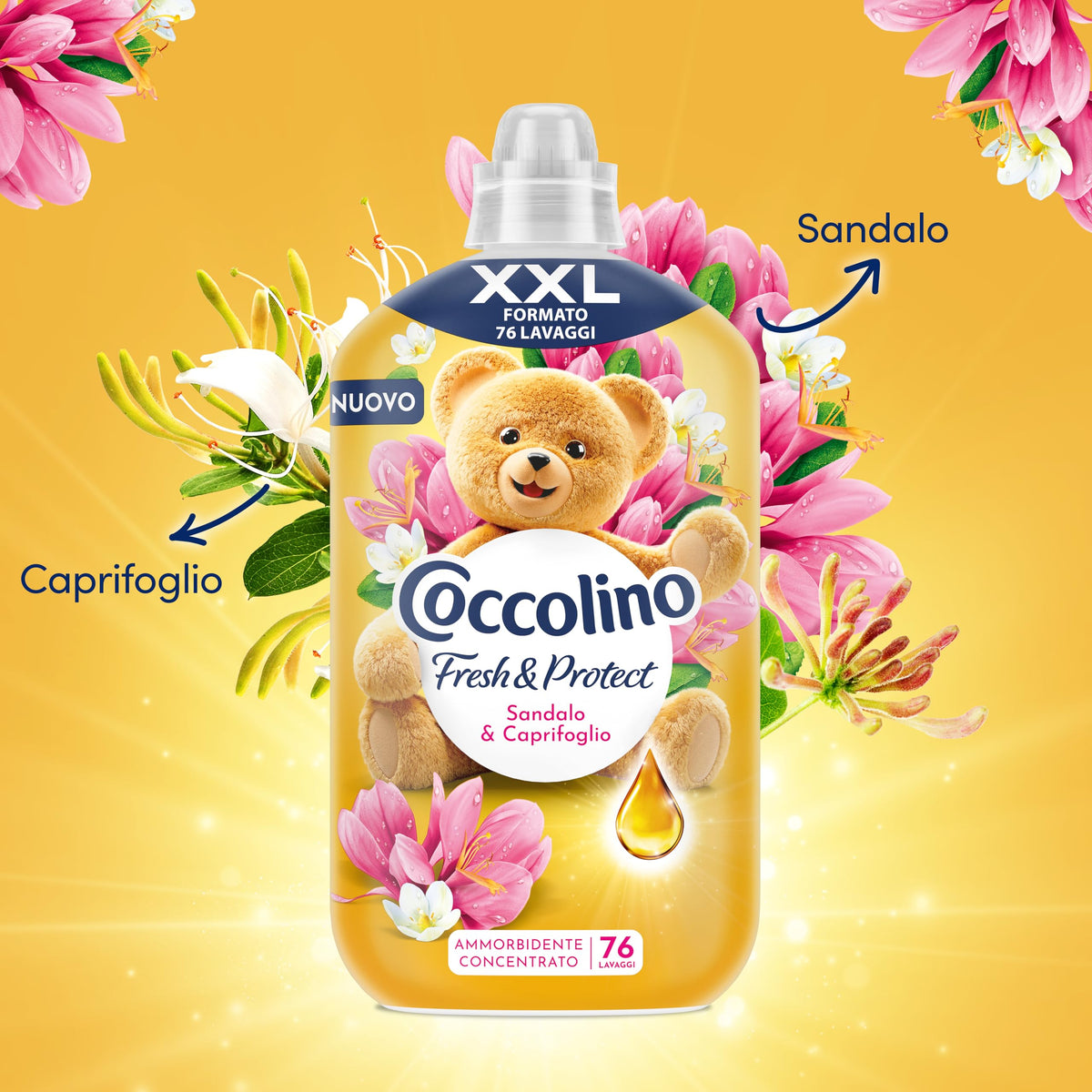 Coccolino Ammorbidente Concentrato Sandalo e Caprifoglio, Ammorbidente Lavatrice Intense Care con Tecnologia Pro-Fibre, Formato XXL Fino a 76 Lavaggi, 1750 ml