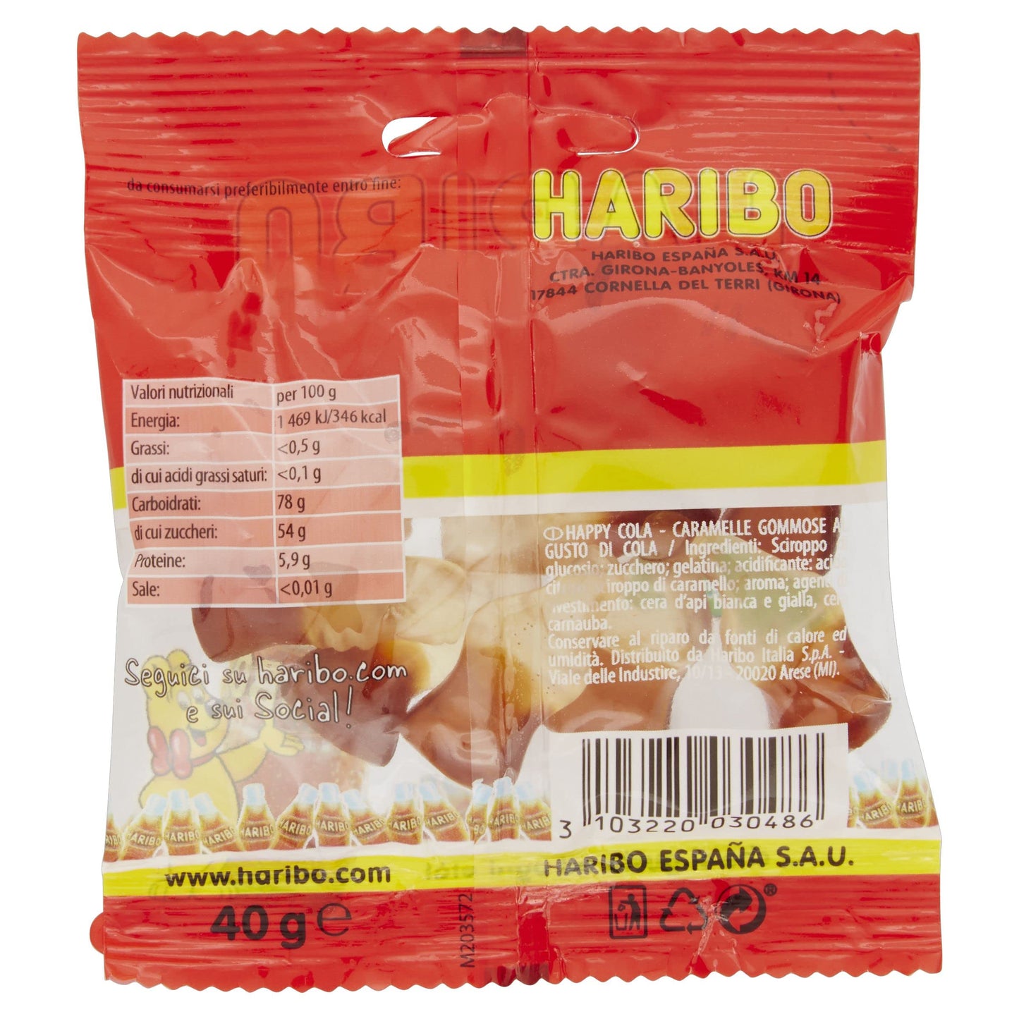 Haribo Mini Happy Cola, Caramelle Gommose, Gusto Cola, Ideali Per Feste - 30 Bustine Da 40gr [1200gr]