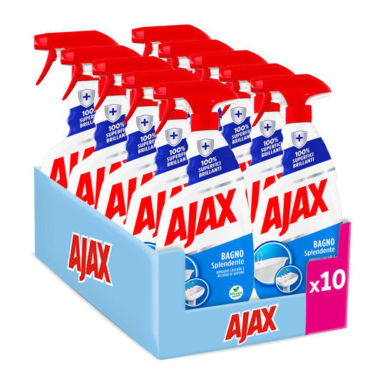 Ajax detersivo spray bagno splendente 10 Confezioni da 600 ml, Rimuove facilmente il 100% del calcare I Superfici del bagno brillanti I Detergente vegano* I flacone in plastica 100% riciclata