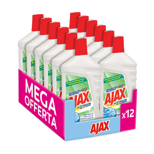 Ajax Detergente Pino Gel con Candeggina, Igienizzante e Ultrasgrassante, Elimina gli Odori, 12 Pezzi da 1 L