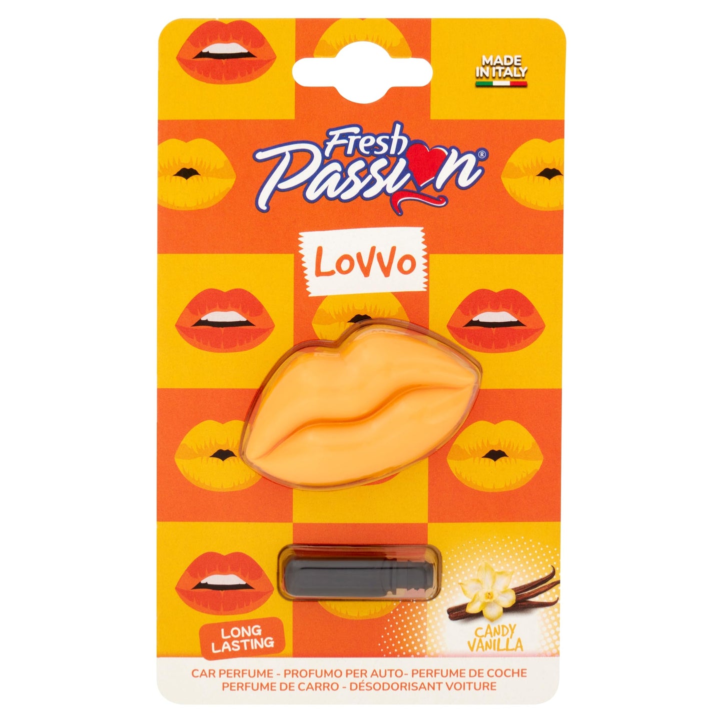 Fresh Passion Lovvo, Profumatore Auto, Fragranza Candy Vanilla, Profumazione Fresca e Delicata, Design Italiano, Simpatico e Allegro, Born in the U.S.A., Confezione da 1 Pezzo
