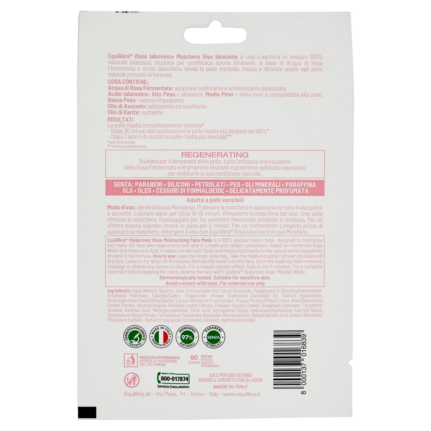 Equilibra Viso, Rosa Ialuronica Maschera Viso Idratante, Maschera in Tessuto 100% Naturale, Azione Idratante con Acqua di Rosa Fermentata, Acido Ialuronico, Olio di Avocado e Olio di Karité, Monodose